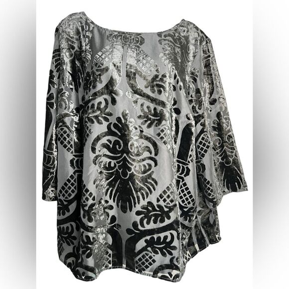 Rsvp By Talbots Women's Velvet Printed 3/4 Sleeve Lined Top Blouse Black Size 2X - Picture 1 of 10
